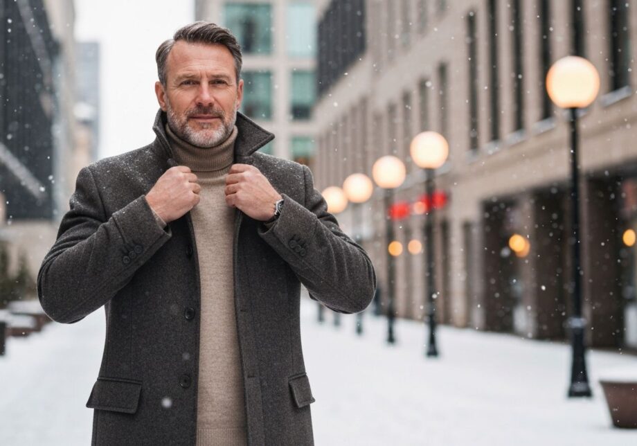 Mężczyzna w płaszczu i golfie na zimowej ulicy miasta, poprawiający kołnierz, z padającym śniegiem.