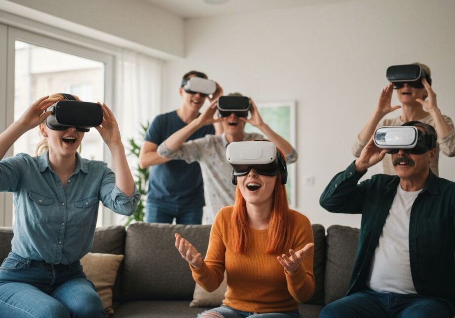 Grupa osób w nowoczesnym salonie korzysta z różnych gogli VR, reagując na wirtualne środowiska