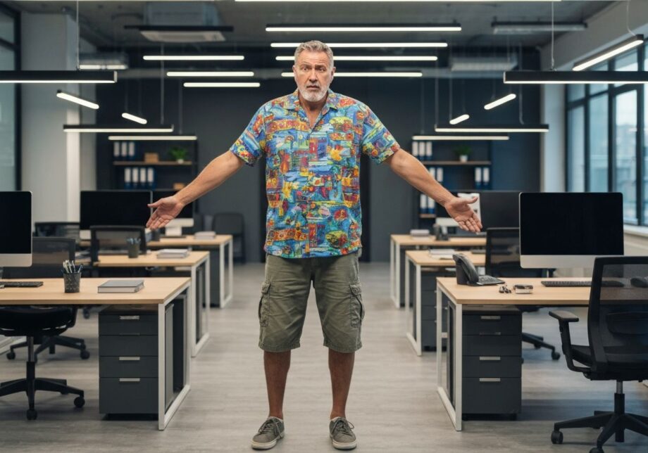 Mężczyzna w kolorowej hawajskiej koszuli i spodniach cargo stoi niepewnie w nowoczesnym biurze.