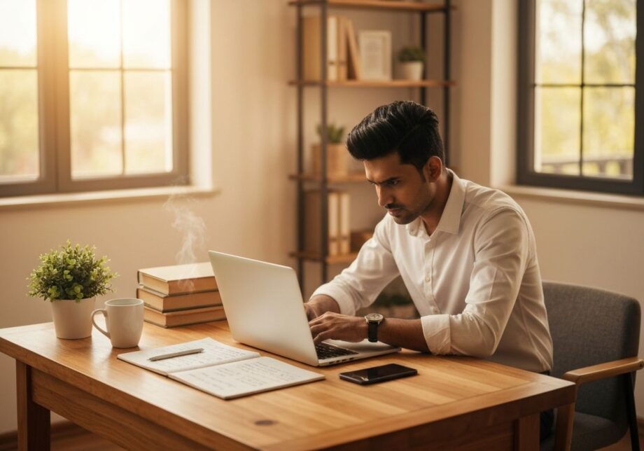 Młody przedsiębiorca pracuje na laptopie przy drewnianym biurku z notatnikiem, kawą i smartfonem.