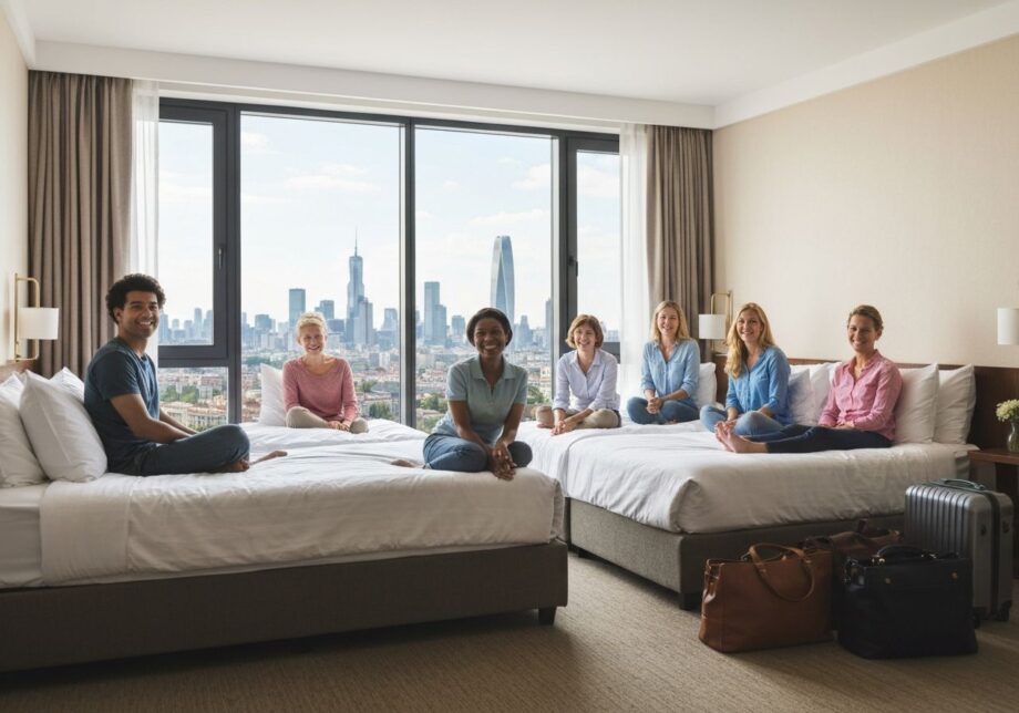 Grupa podróżnych relaksujących się w nowoczesnym hotelu z widokiem na miasto i bagażami obok łóżek