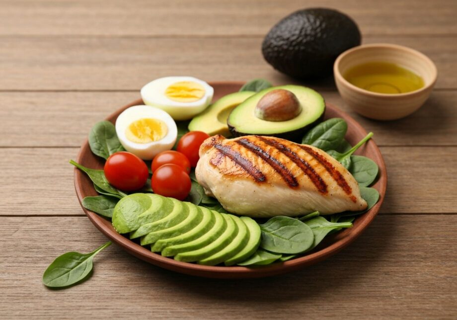 Zdrowy posiłek niskowęglowodanowy z grillowanym kurczakiem, awokado, jajkami, szpinakiem i pomidorami na stole