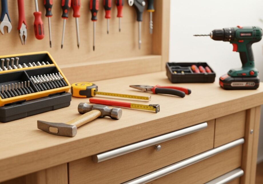 Drewniany blat roboczy z narzędziami na jasnym stanowisku warsztatowym w naturalnym świetle