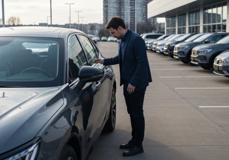 Osoba obok nowego samochodu na parkingu salonu, otoczenie miejskie, dzień, ostrość na samochód i osobę