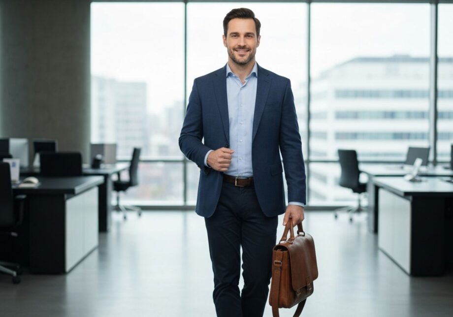 Mężczyzna w marynarce stoi w nowoczesnym biurze, trzyma skórzaną torbę, w tle okna i widok miasta.