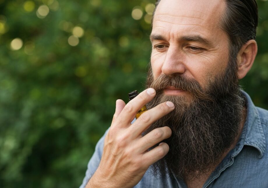 Mężczyzna z brodą nakłada olejek do brody na zewnątrz, siedząc na tle zieleni w naturalnym świetle