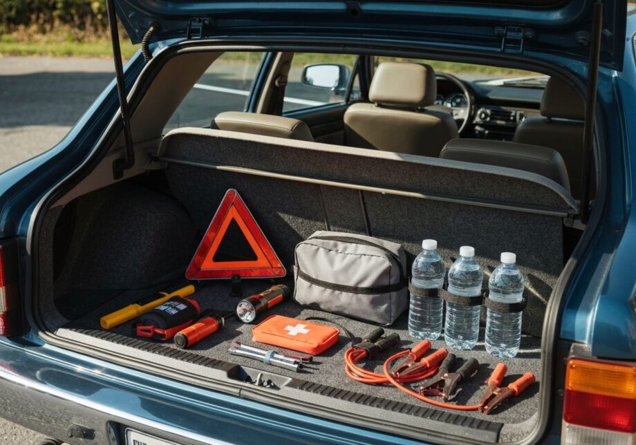 Otwarty kufer auta z zestawem awaryjnym na drogę, w tym trójkąt, apteczka, latarka i kabel rozruchowy