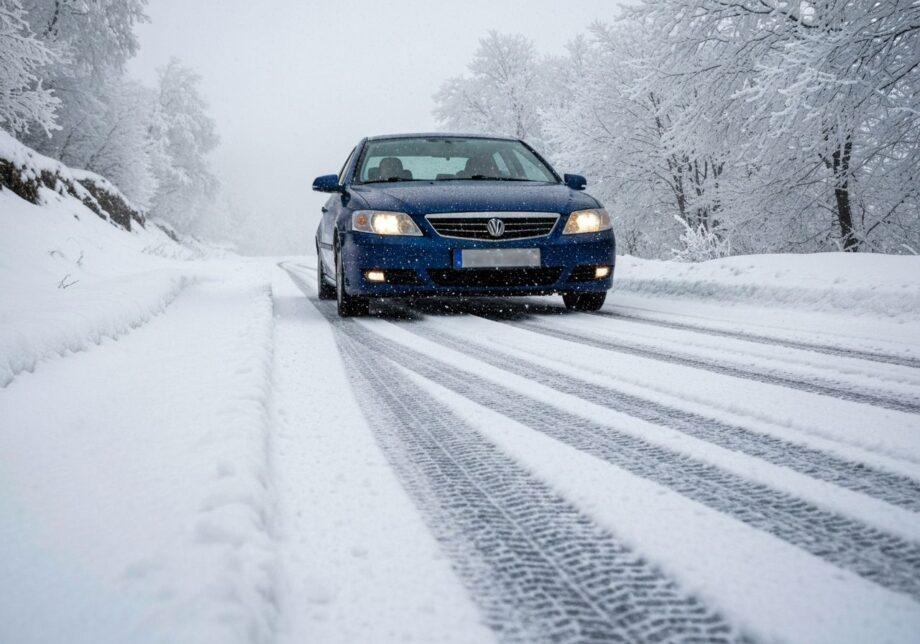 Samochód jedzie ostrożnie po zaśnieżonej górskiej drodze podczas intensywnych opadów śniegu.