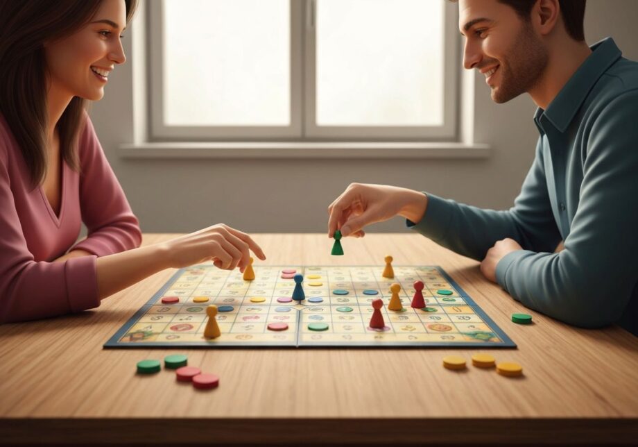Para grająca przy drewnianym stole w planszową grę w jasnym, przytulnym wnętrzu.