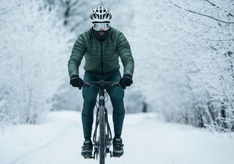 Kolarz w zimowym ubraniu jedzie rowerem po zaśnieżonej ścieżce w lesie z zamarzniętymi drzewami.