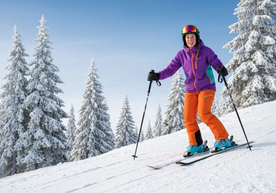 Początkujący narciarz na stoku zaśnieżonej góry z nartami i kijkami przy drzewach i błękitnym niebem