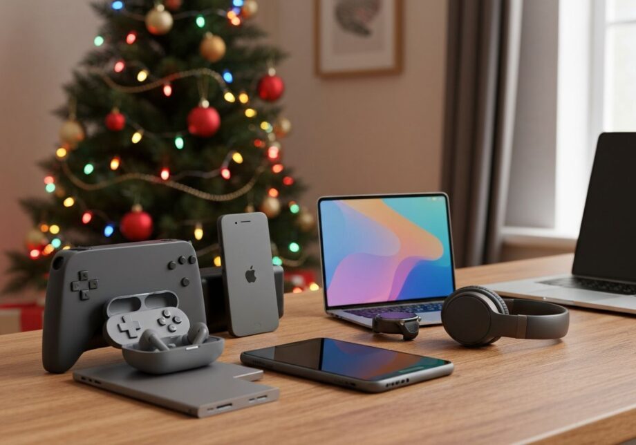 Stół z nowoczesnymi gadżetami elektronicznymi przed świąteczną choinką w przytulnym wnętrzu.