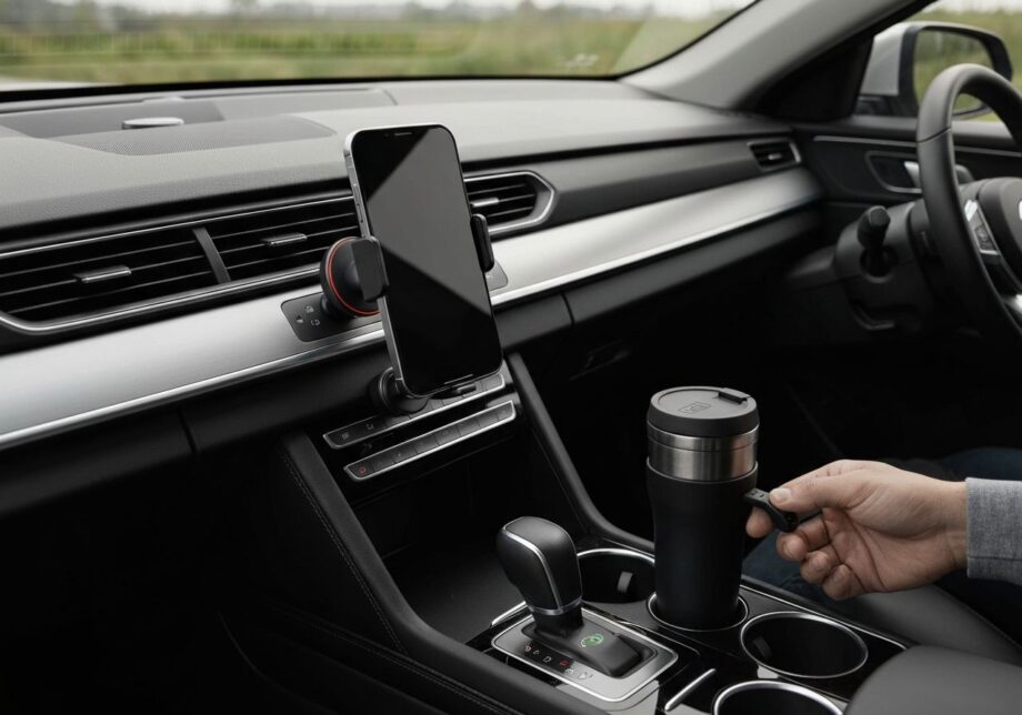 Nowoczesny kokpit samochodu z telefonem na magnetycznym uchwycie i bezprzewodową ładowarką pod niego.