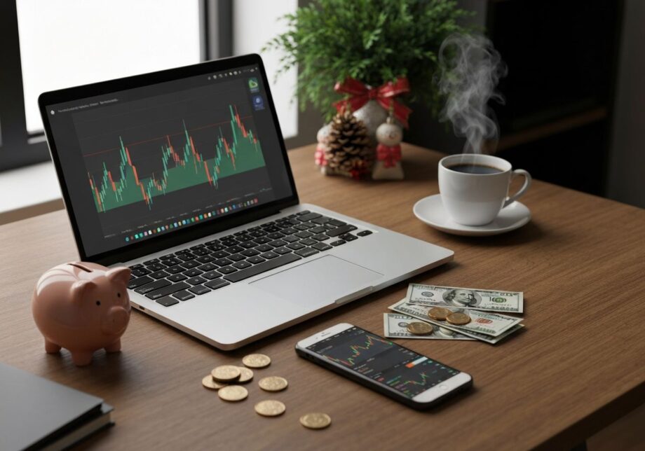 Nowoczesne biurko z laptopem pokazującym wykresy finansowe, pieniędzmi, telefonem i świąteczną dekoracją.