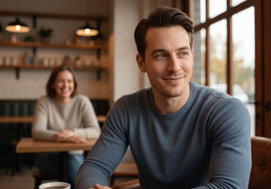 Mężczyzna siedzi w kawiarni, zamyślony i spokojny, w tle kobieta uśmiechnięta, atmosfera ciepła i intymna