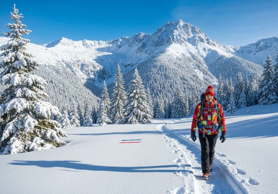 Początkujący turysta naśnieżonym szlakiem w zimowych górach pod jasnym niebem.